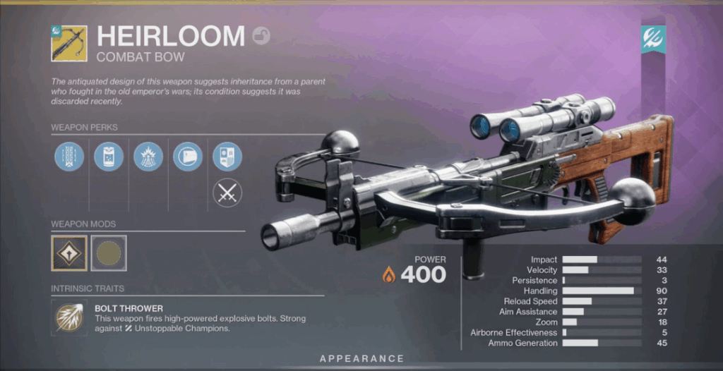 Heirloom Exotic Crossbow - Destiny 2
