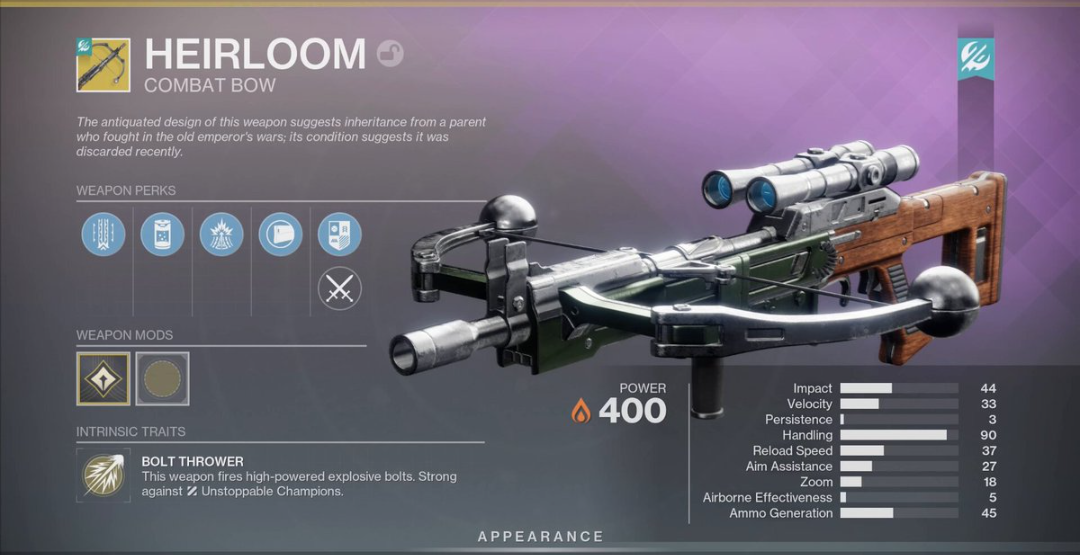Heirloom Exotic Crossbow - Destiny 2